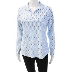 Designer Womens Light Blue Geometric Collared Long Sleeve Polo Size S